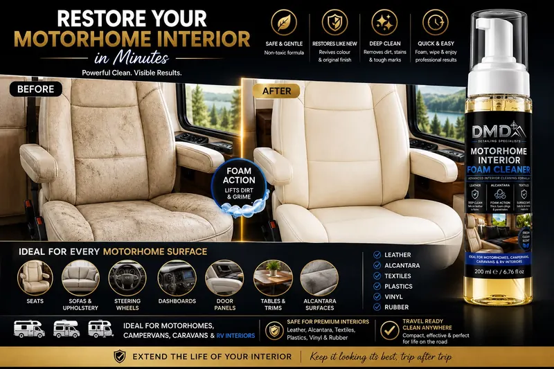 Before and after: a stained cream motorhome seat and the same seat clean