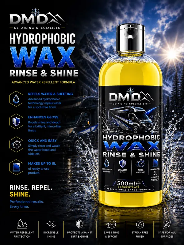 DMD Hydrophobic Wax Rinse & Shine 500ml bottle advert
